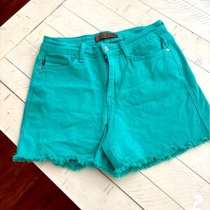 Teal Denim Women's Shorts Judy Blue stretch distressed frayed green teal shorts